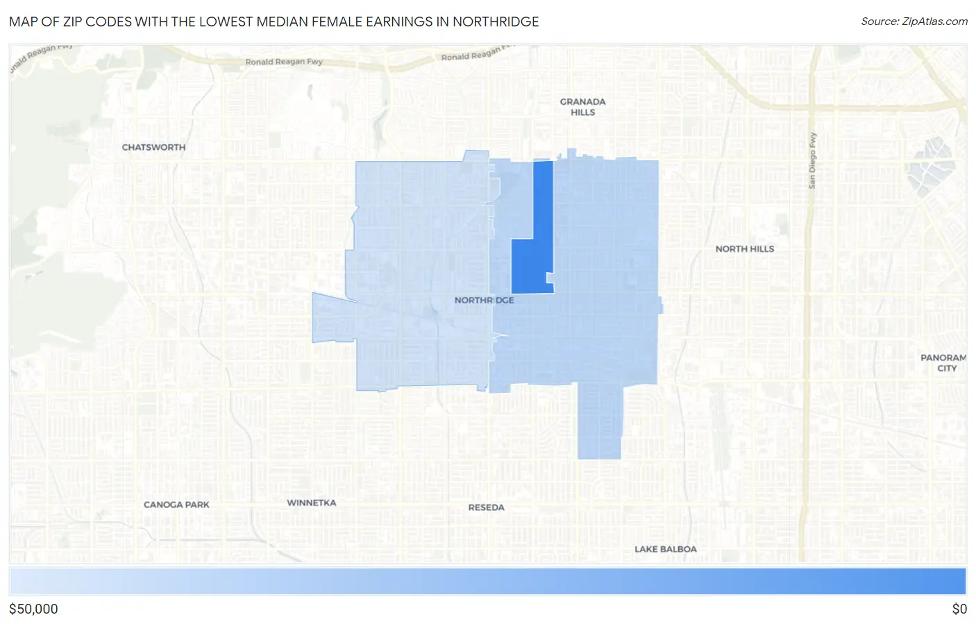 Zip Codes with the Lowest Median Female Earnings in Northridge Map