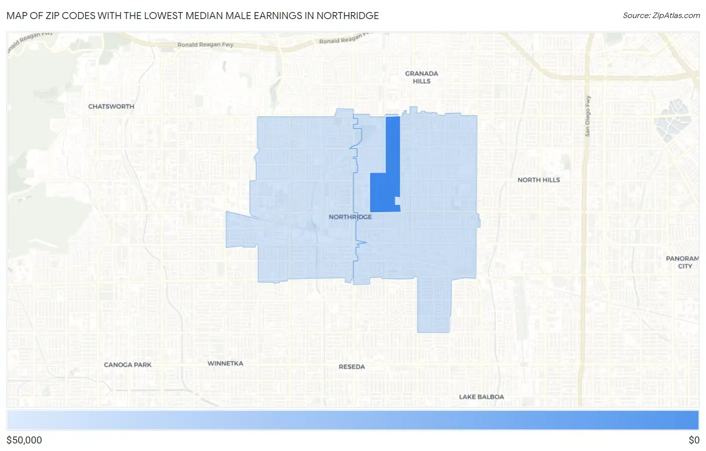 Zip Codes with the Lowest Median Male Earnings in Northridge Map