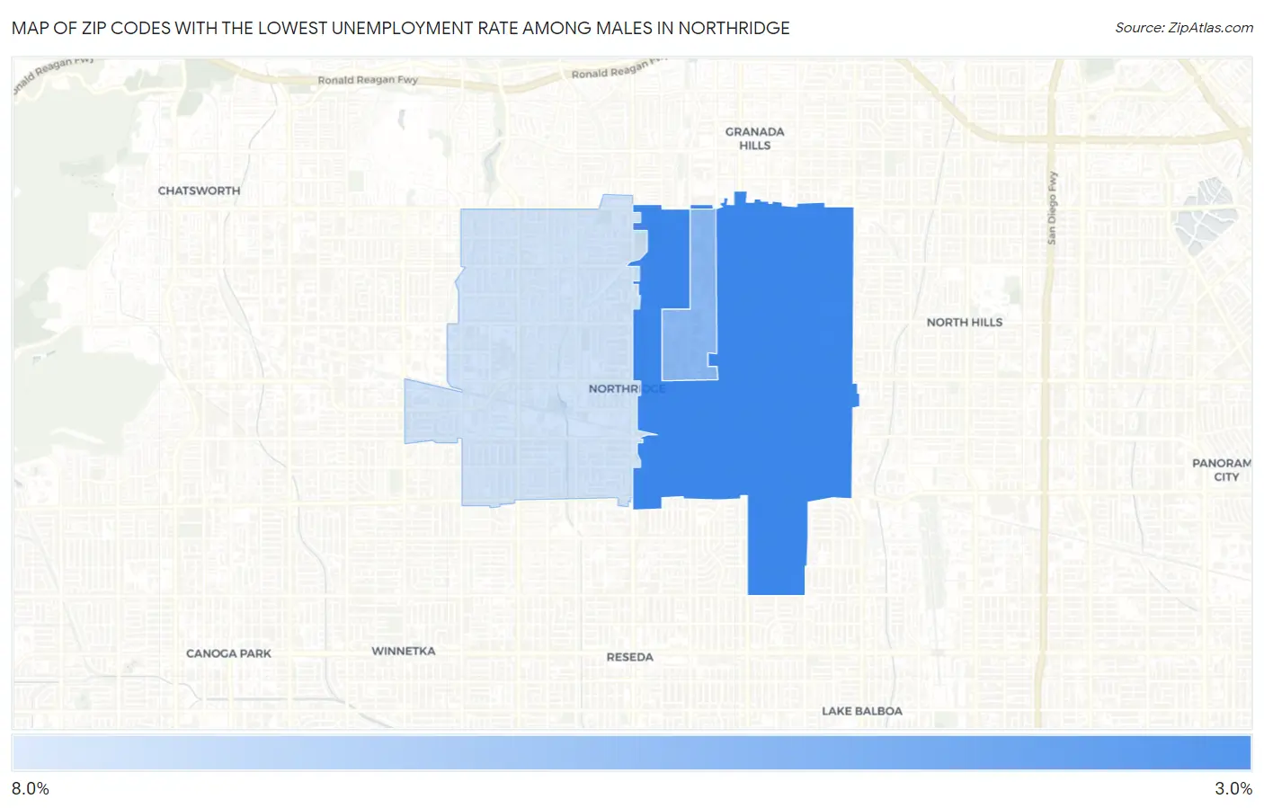 Zip Codes with the Lowest Unemployment Rate Among Males in Northridge Map