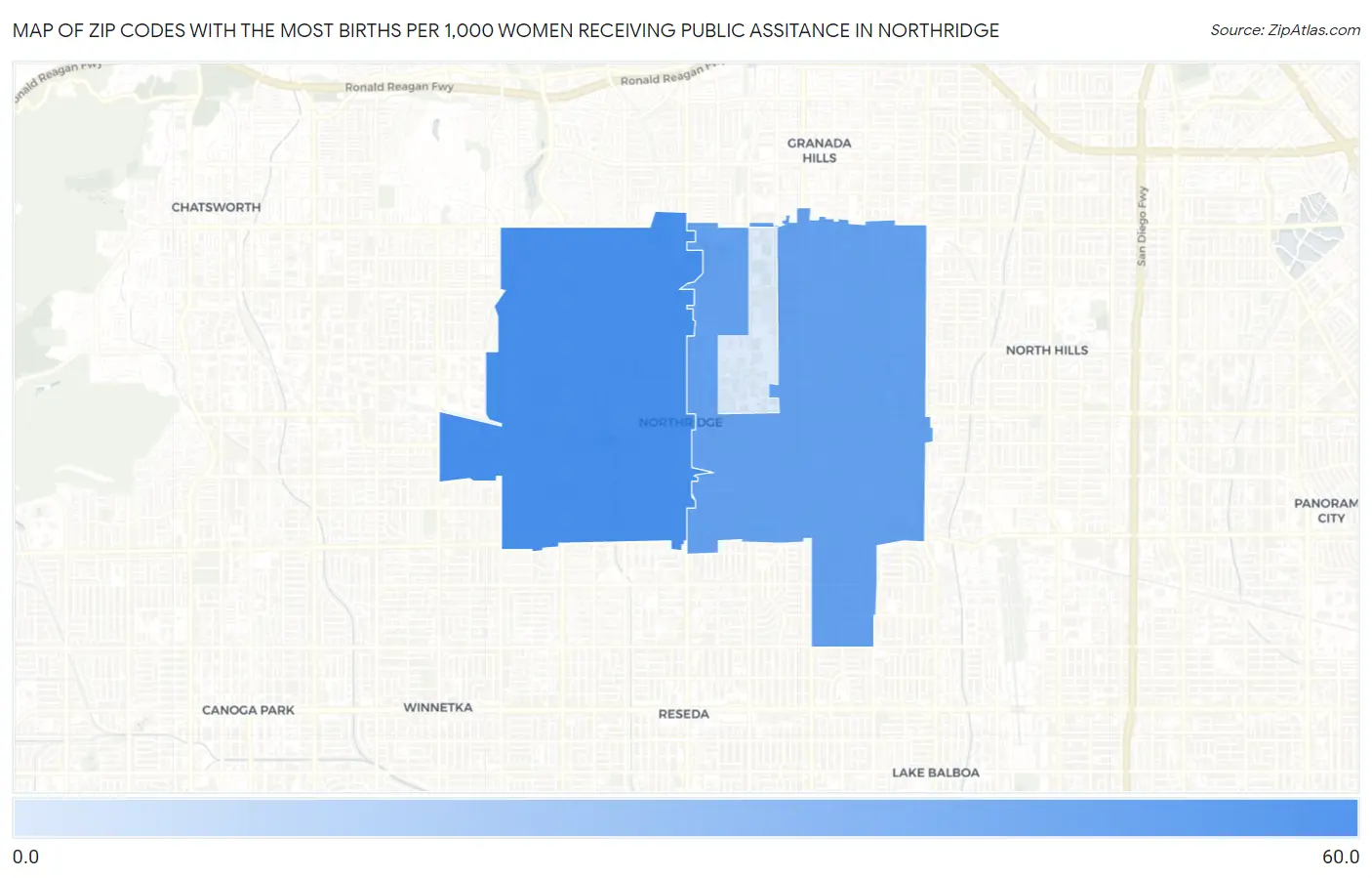 Zip Codes with the Most Births per 1,000 Women Receiving Public Assitance in Northridge Map
