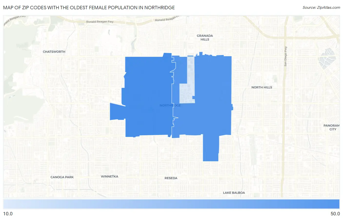 Zip Codes with the Oldest Female Population in Northridge Map