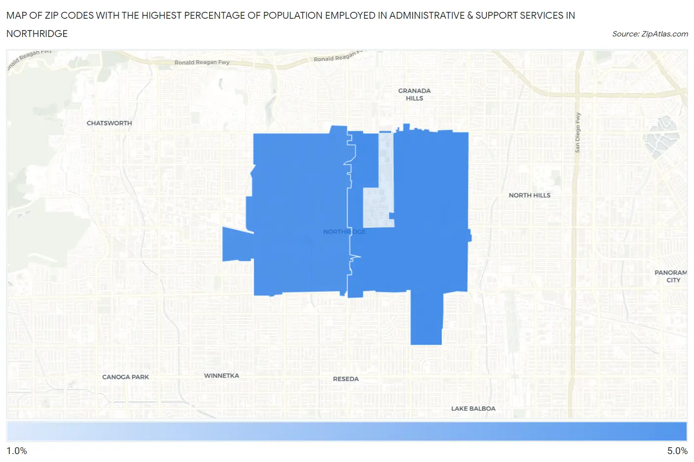 Zip Codes with the Highest Percentage of Population Employed in Administrative & Support Services in Northridge Map