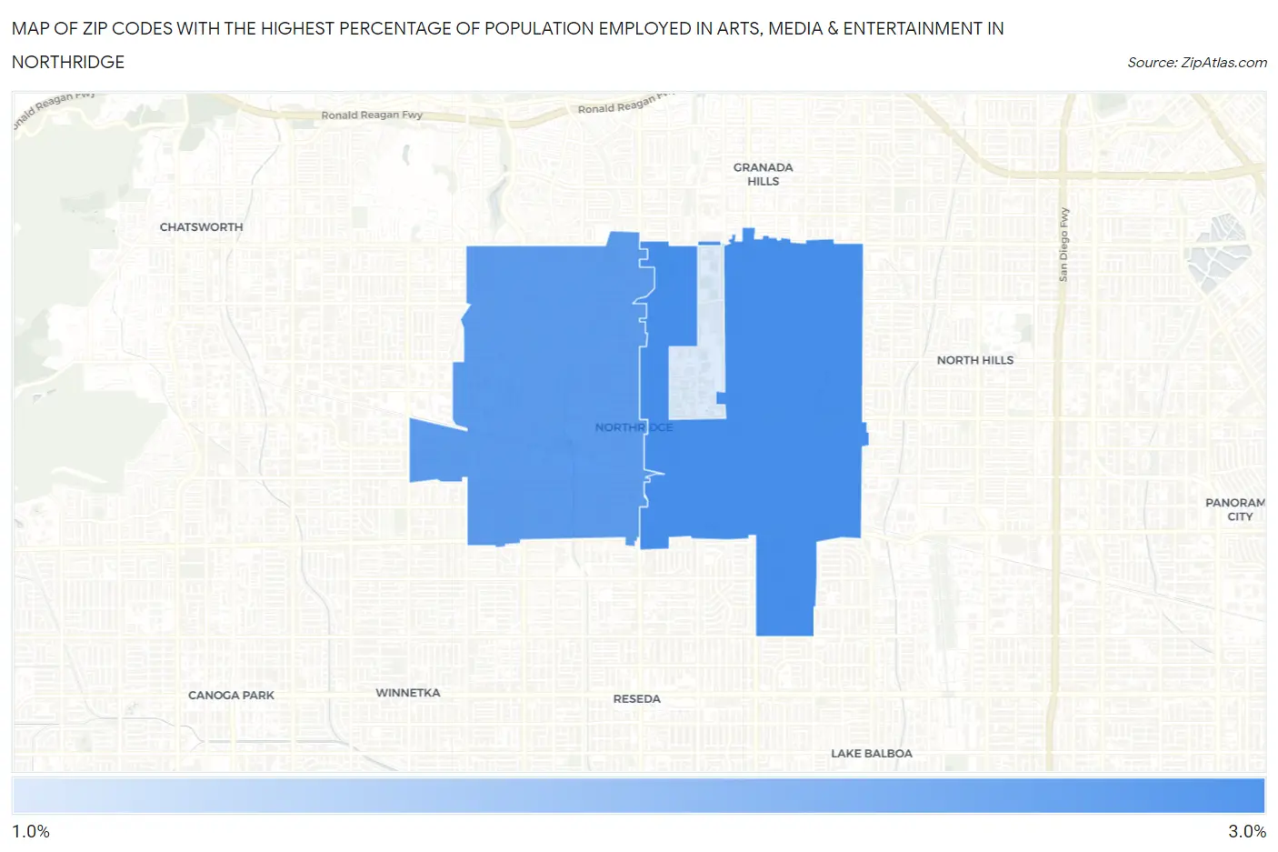 Zip Codes with the Highest Percentage of Population Employed in Arts, Media & Entertainment in Northridge Map