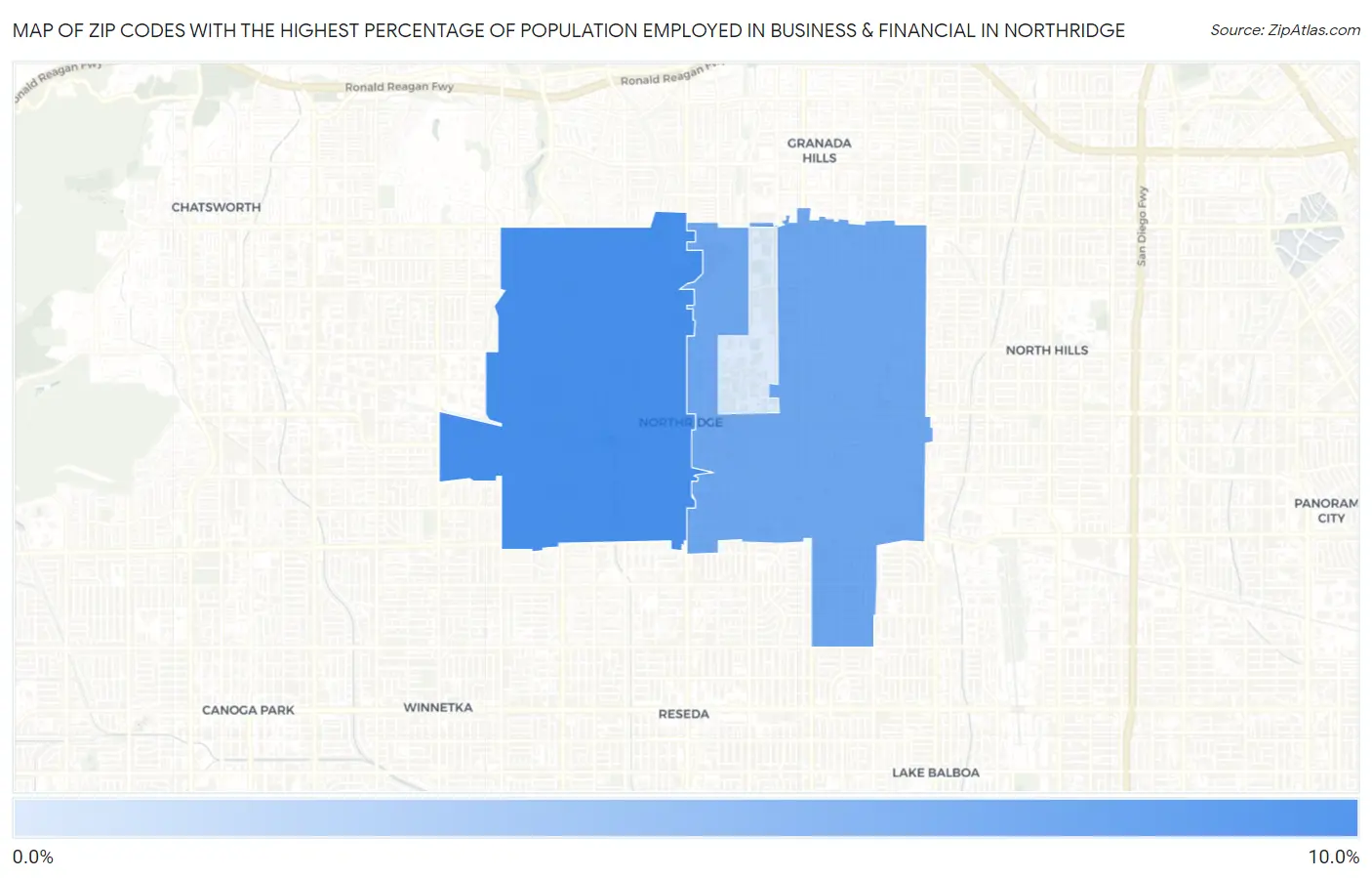 Zip Codes with the Highest Percentage of Population Employed in Business & Financial in Northridge Map