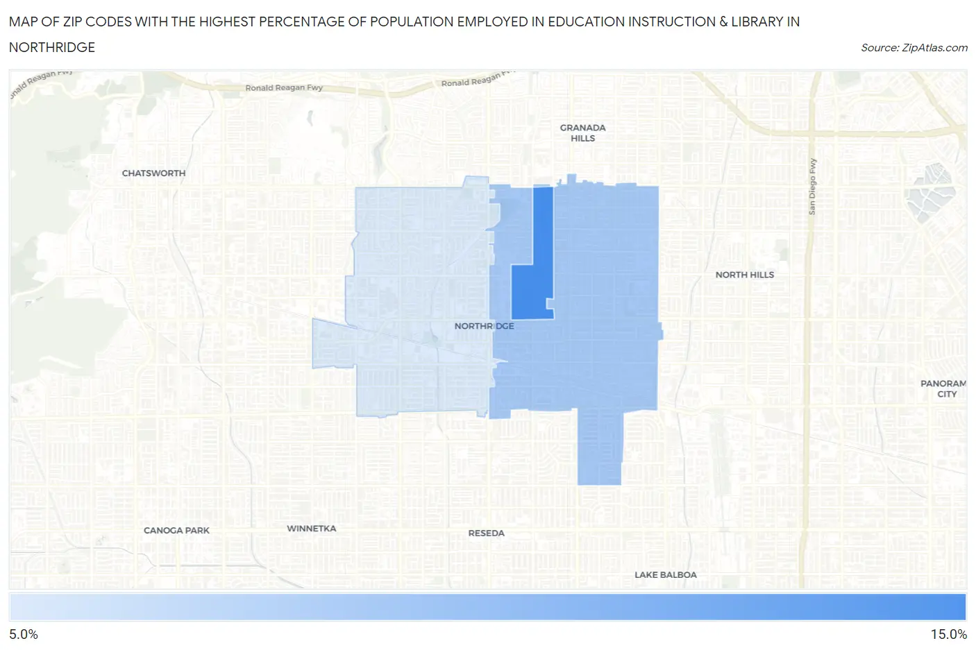 Zip Codes with the Highest Percentage of Population Employed in Education Instruction & Library in Northridge Map