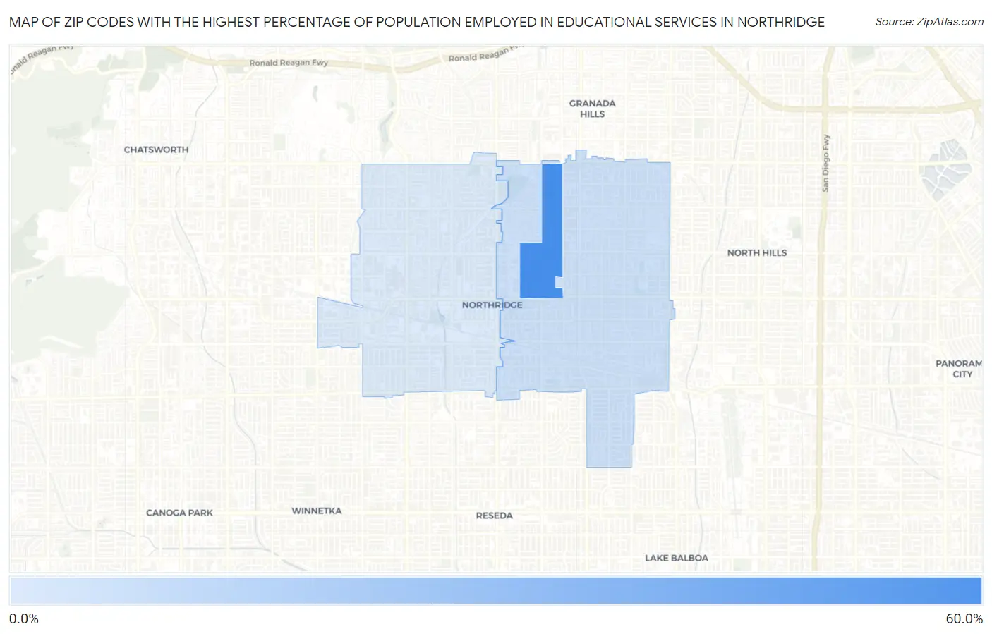 Zip Codes with the Highest Percentage of Population Employed in Educational Services in Northridge Map