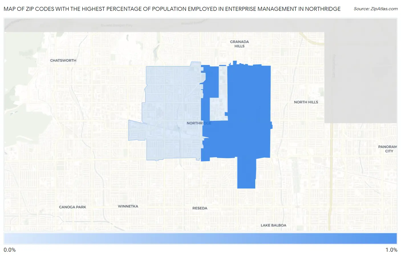 Zip Codes with the Highest Percentage of Population Employed in Enterprise Management in Northridge Map