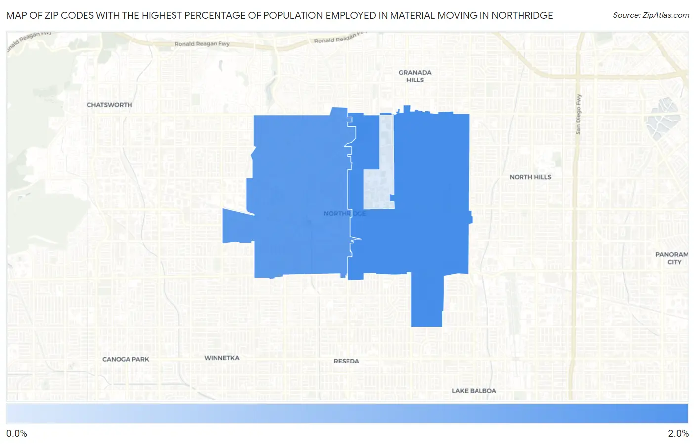 Zip Codes with the Highest Percentage of Population Employed in Material Moving in Northridge Map