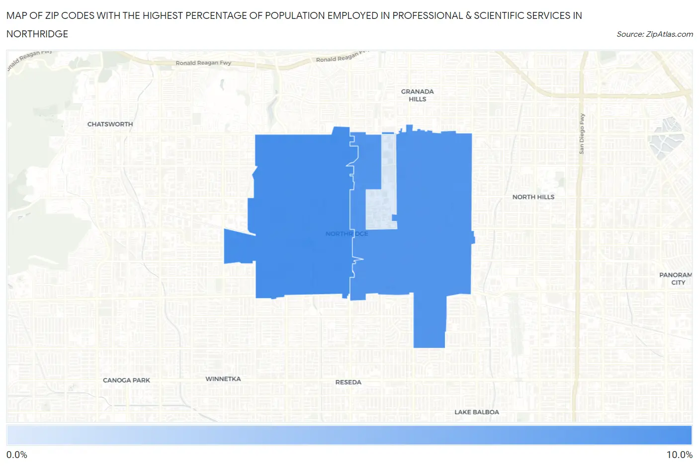 Zip Codes with the Highest Percentage of Population Employed in Professional & Scientific Services in Northridge Map
