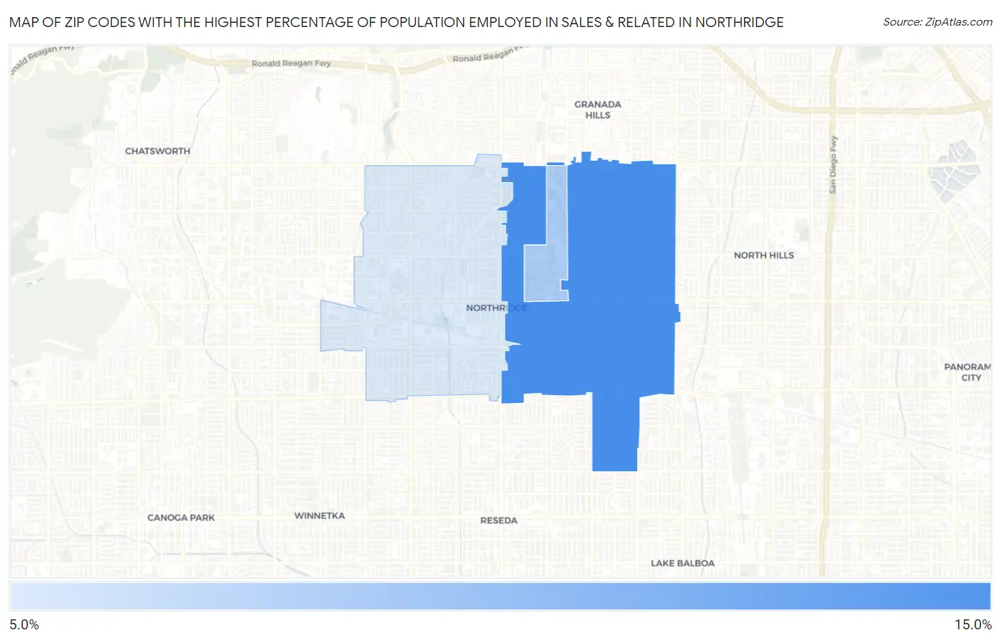 Zip Codes with the Highest Percentage of Population Employed in Sales & Related in Northridge Map