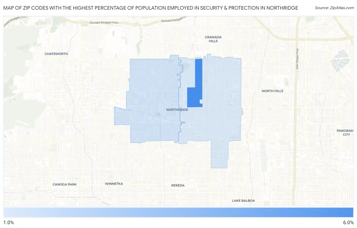 Zip Codes with the Highest Percentage of Population Employed in Security & Protection in Northridge Map