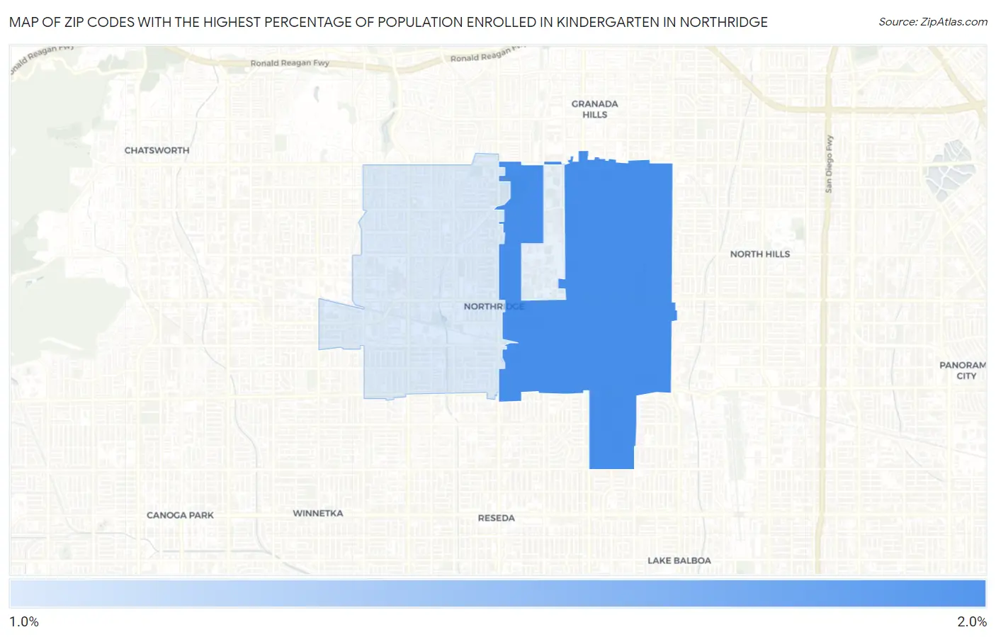 Zip Codes with the Highest Percentage of Population Enrolled in Kindergarten in Northridge Map
