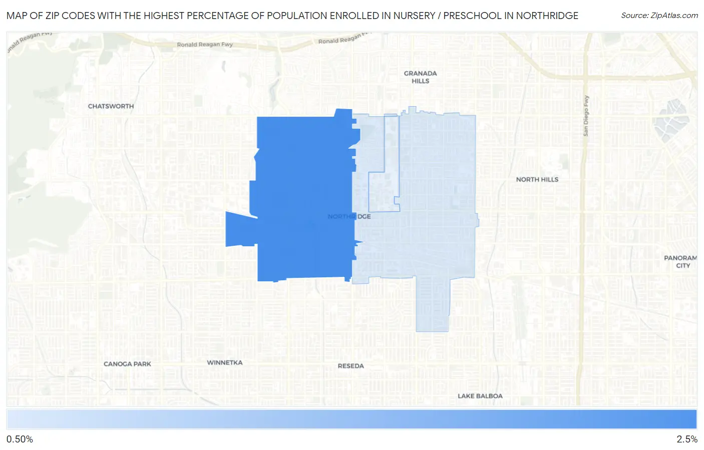 Zip Codes with the Highest Percentage of Population Enrolled in Nursery / Preschool in Northridge Map