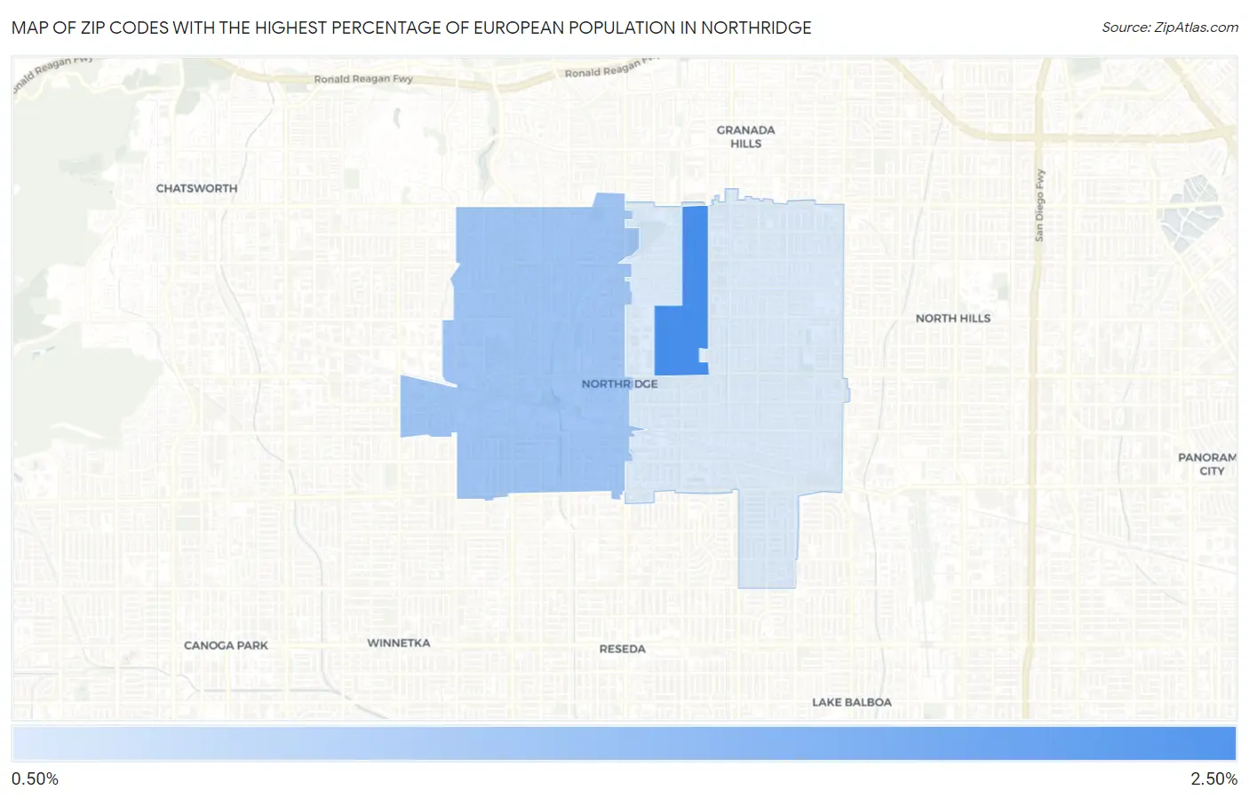 Zip Codes with the Highest Percentage of European Population in Northridge Map