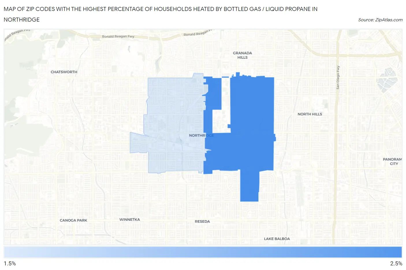 Zip Codes with the Highest Percentage of Households Heated by Bottled Gas / Liquid Propane in Northridge Map
