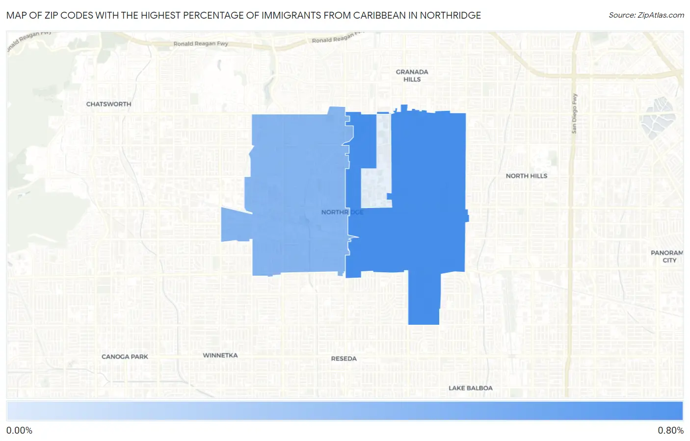 Zip Codes with the Highest Percentage of Immigrants from Caribbean in Northridge Map