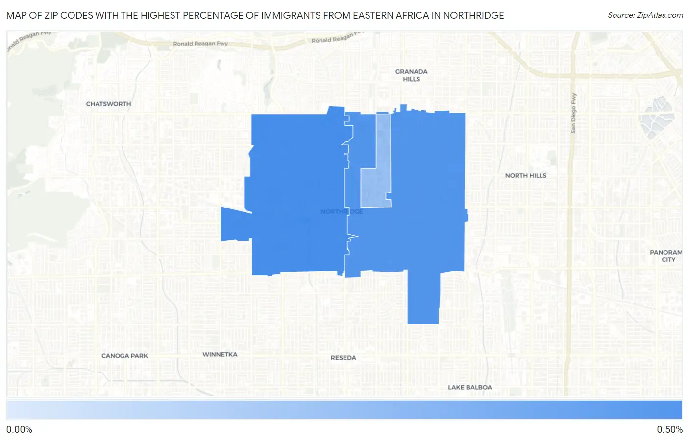 Zip Codes with the Highest Percentage of Immigrants from Eastern Africa in Northridge Map