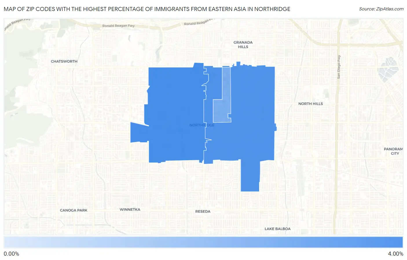 Zip Codes with the Highest Percentage of Immigrants from Eastern Asia in Northridge Map