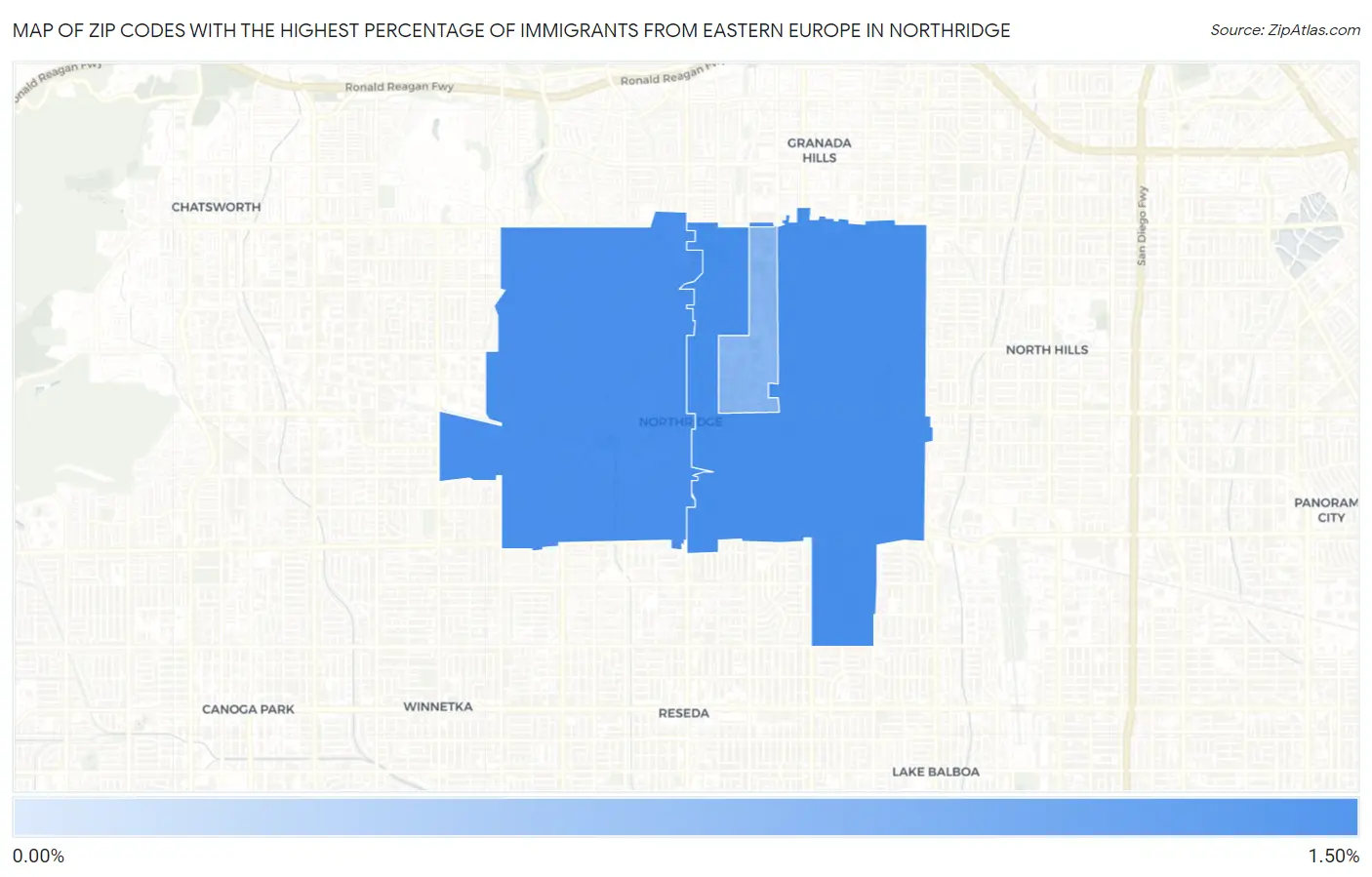 Zip Codes with the Highest Percentage of Immigrants from Eastern Europe in Northridge Map