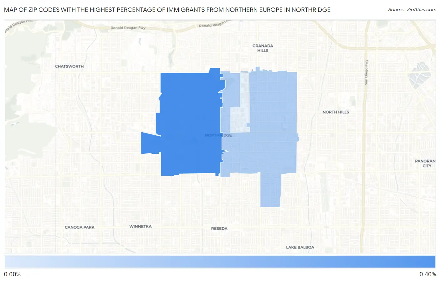 Zip Codes with the Highest Percentage of Immigrants from Northern Europe in Northridge Map