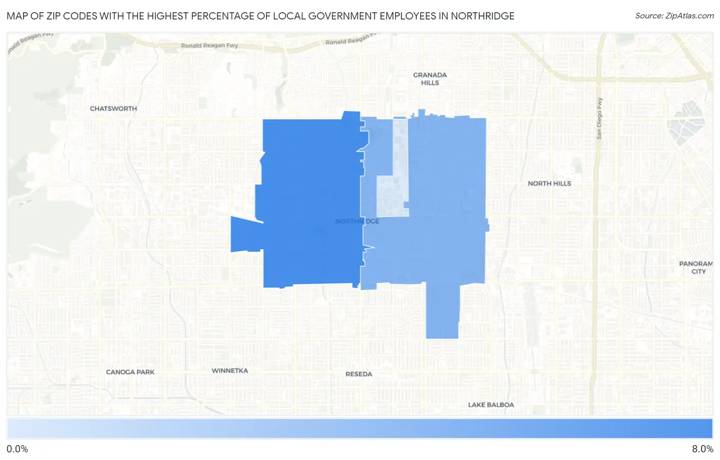 Zip Codes with the Highest Percentage of Local Government Employees in Northridge Map