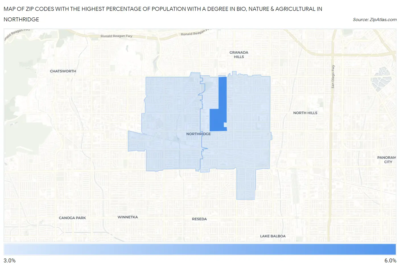 Zip Codes with the Highest Percentage of Population with a Degree in Bio, Nature & Agricultural in Northridge Map