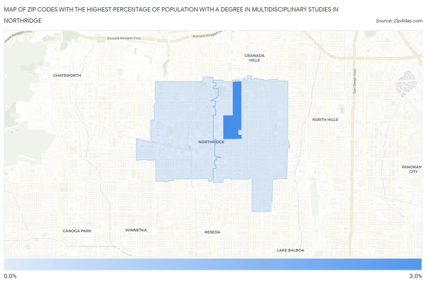 Zip Codes with the Highest Percentage of Population with a Degree in Multidisciplinary Studies in Northridge Map