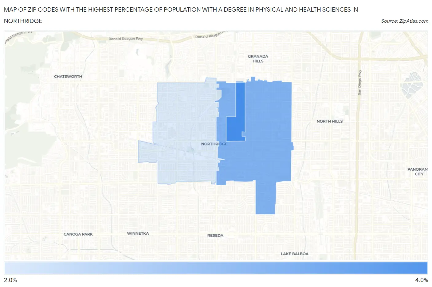 Zip Codes with the Highest Percentage of Population with a Degree in Physical and Health Sciences in Northridge Map