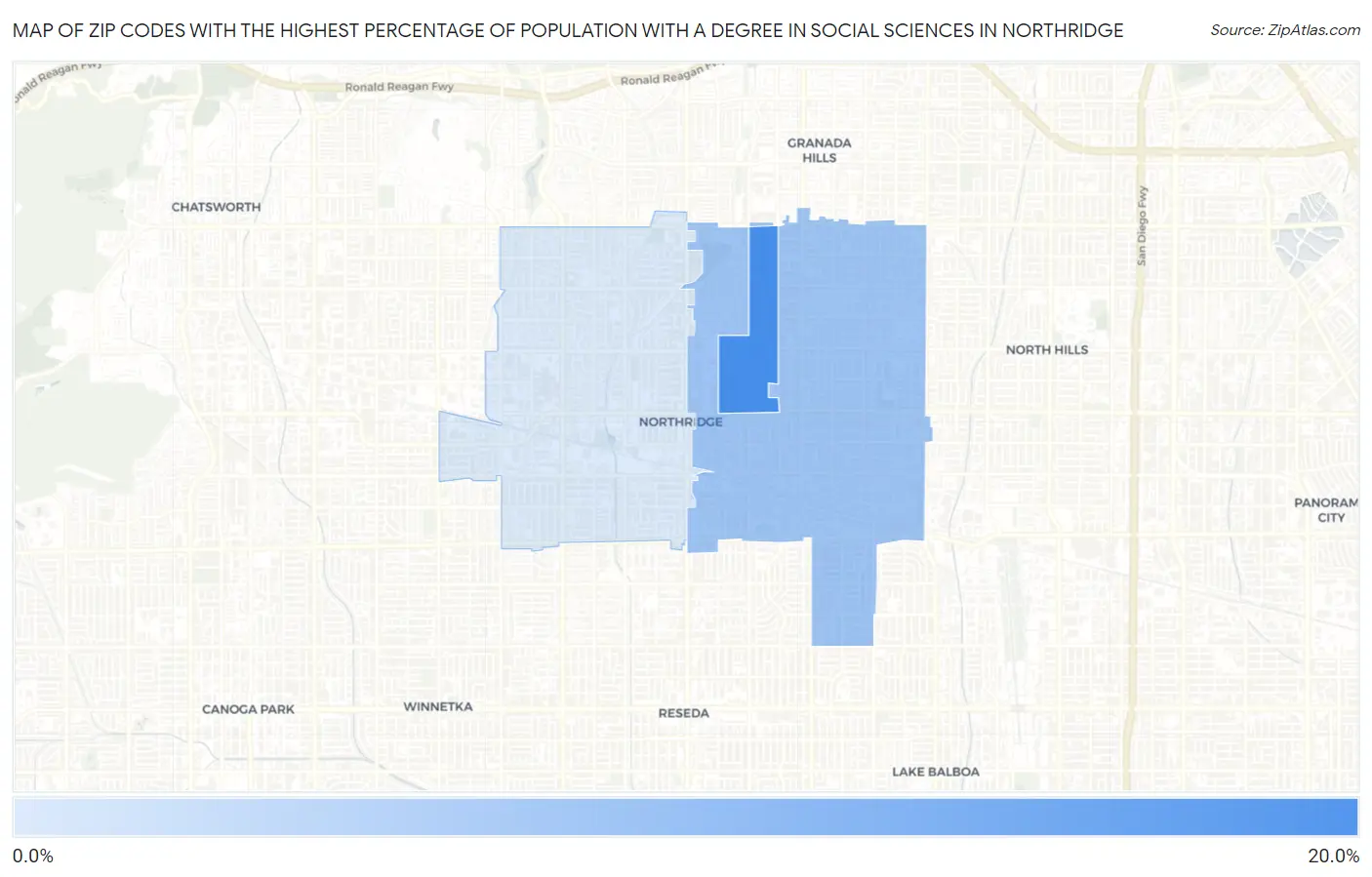 Zip Codes with the Highest Percentage of Population with a Degree in Social Sciences in Northridge Map