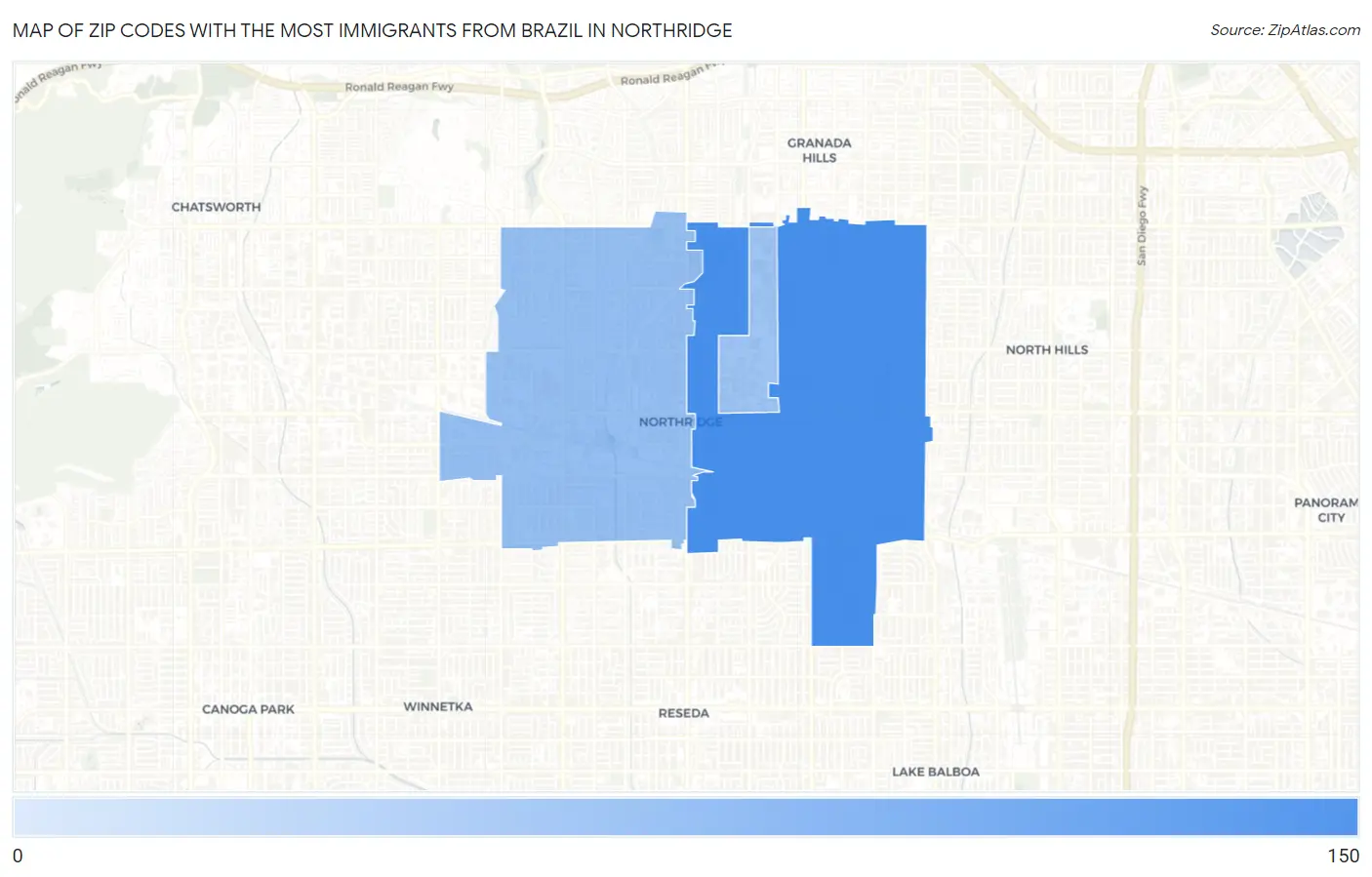 Zip Codes with the Most Immigrants from Brazil in Northridge Map