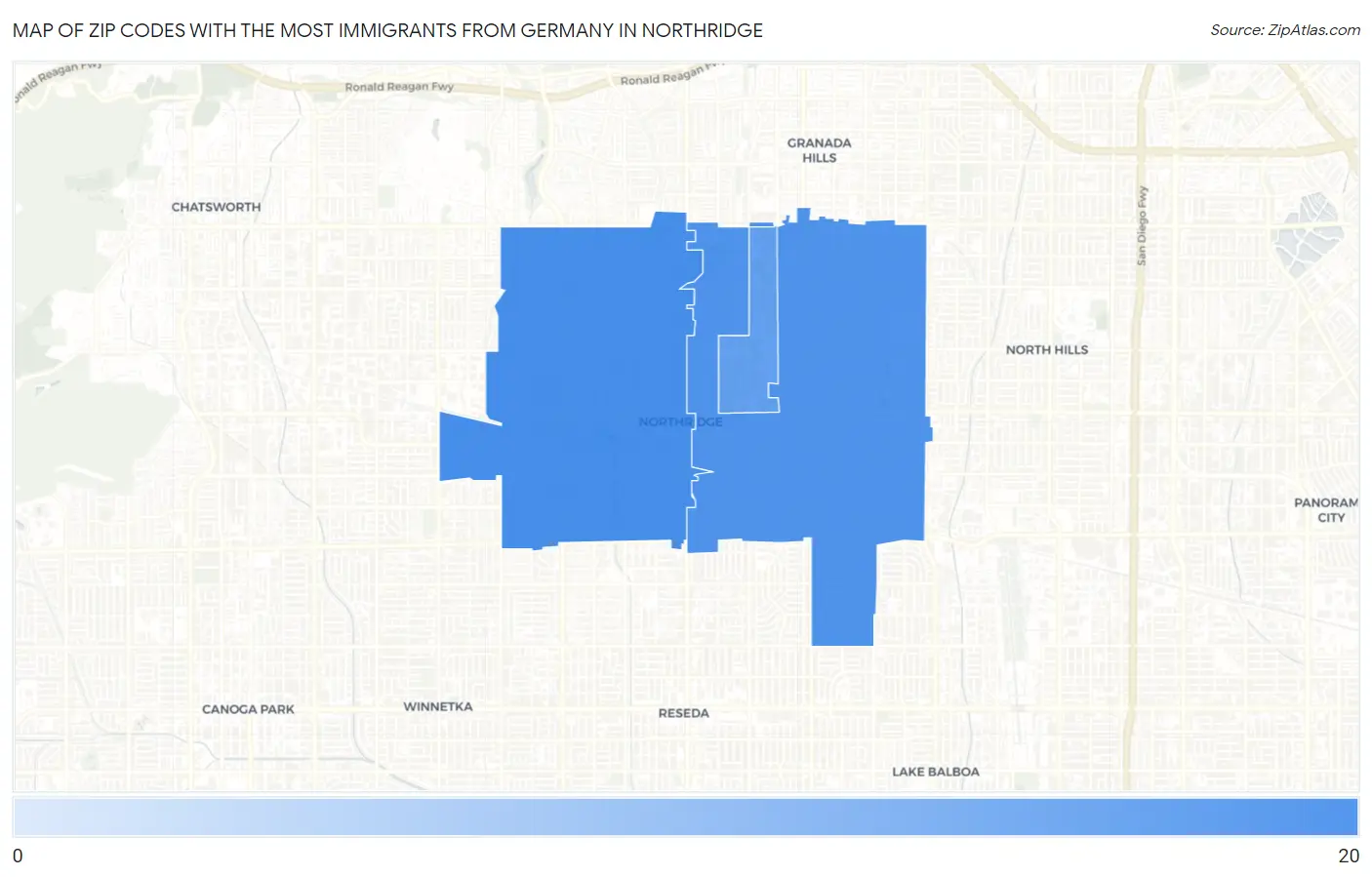 Zip Codes with the Most Immigrants from Germany in Northridge Map