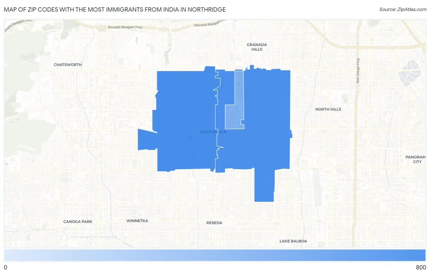 Zip Codes with the Most Immigrants from India in Northridge Map