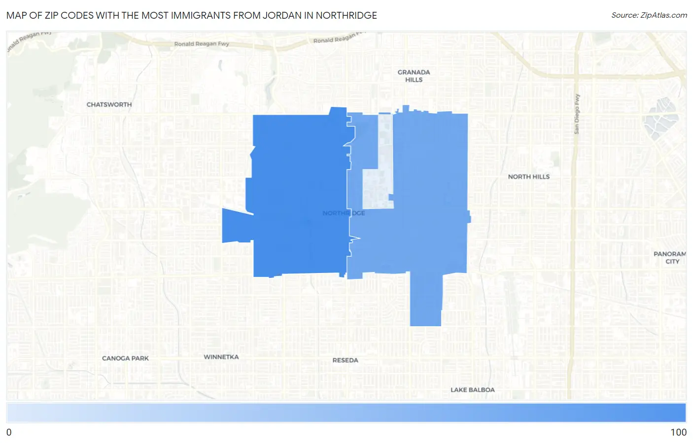 Zip Codes with the Most Immigrants from Jordan in Northridge Map
