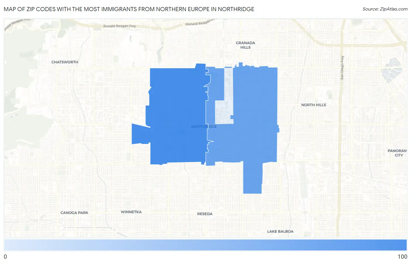 Zip Codes with the Most Immigrants from Northern Europe in Northridge Map