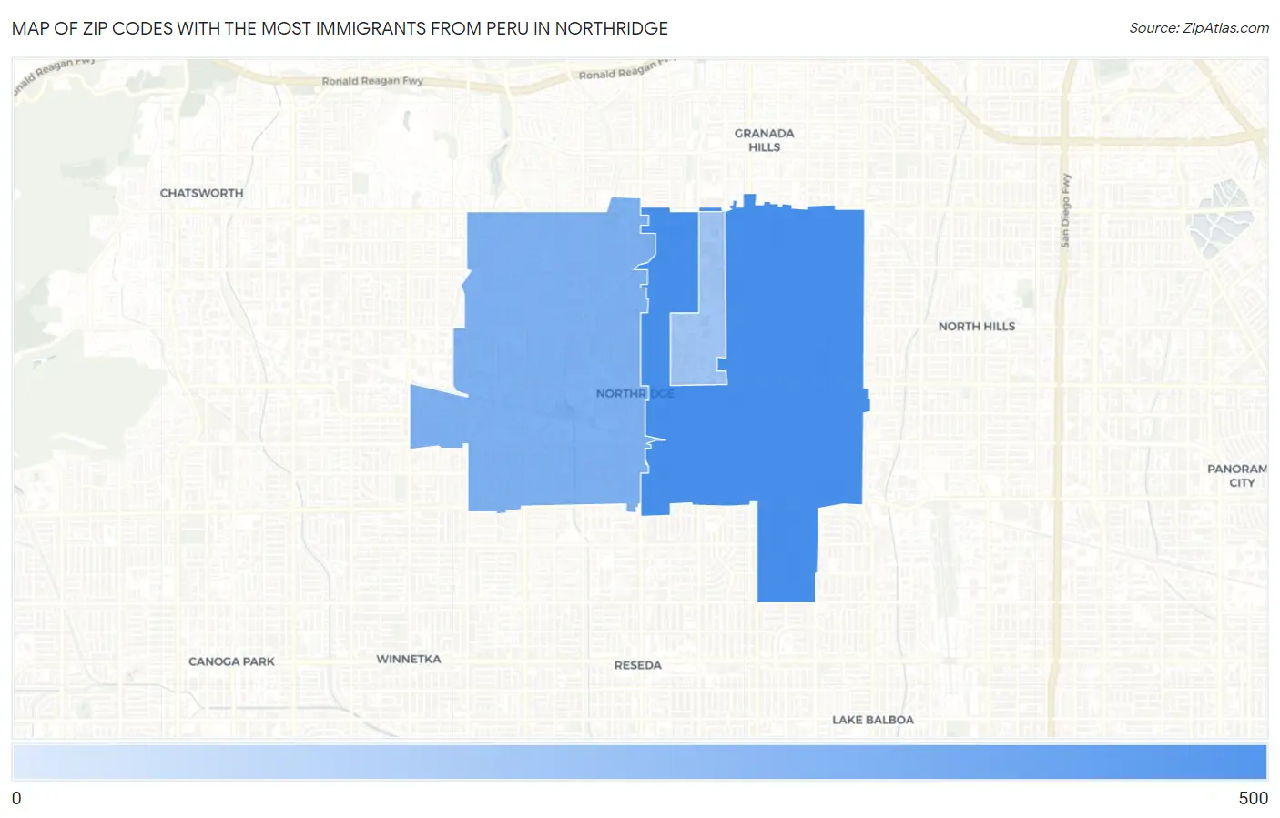 Zip Codes with the Most Immigrants from Peru in Northridge Map
