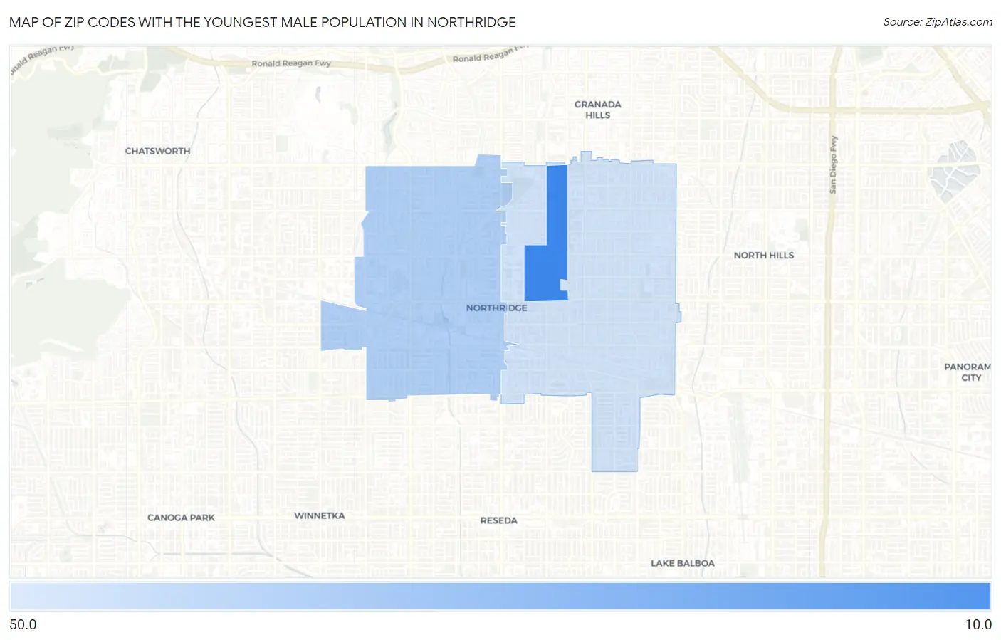 Zip Codes with the Youngest Male Population in Northridge Map