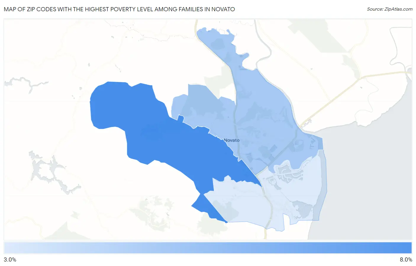 Zip Codes with the Highest Poverty Level Among Families in Novato Map