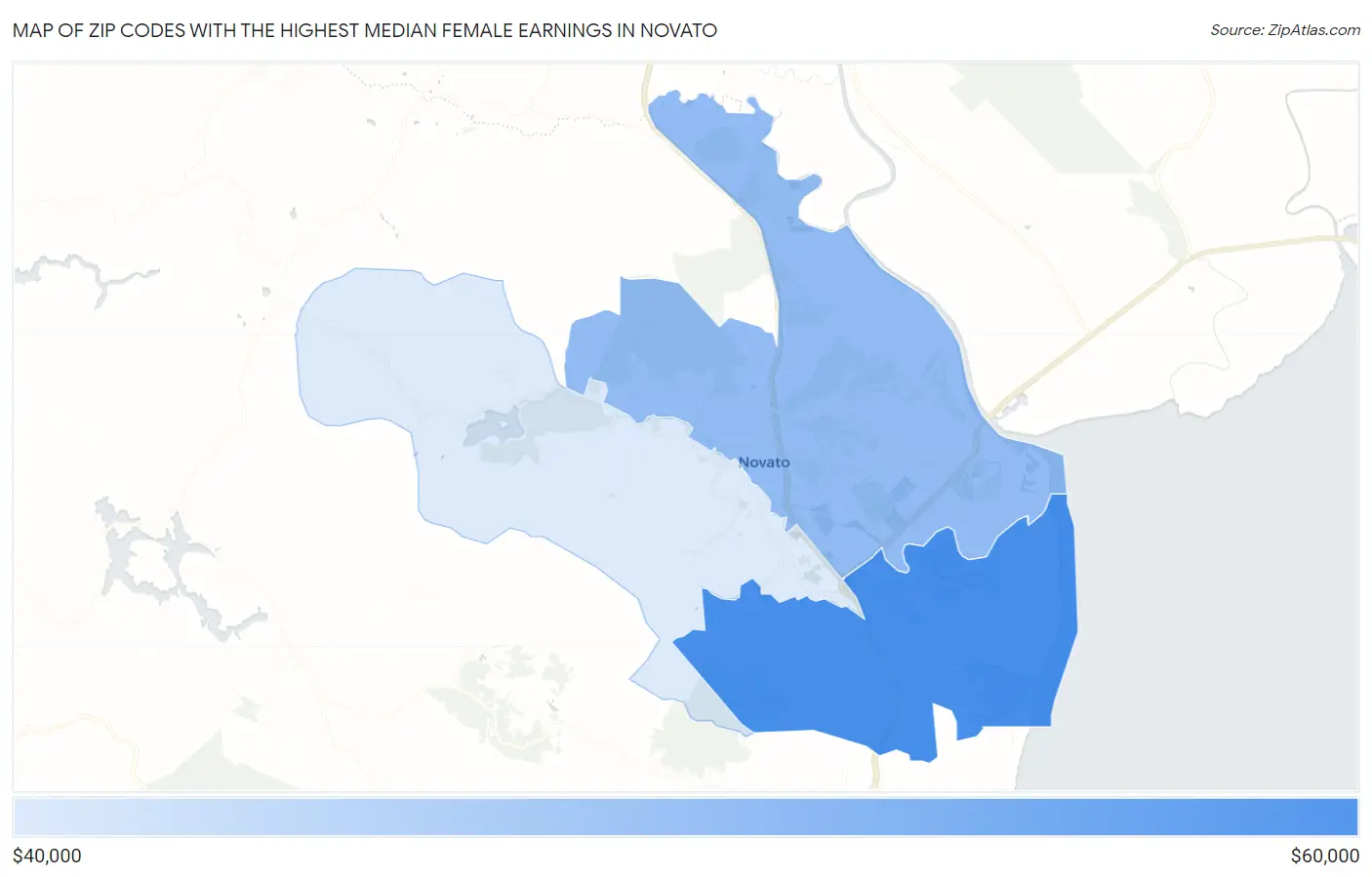 Zip Codes with the Highest Median Female Earnings in Novato Map