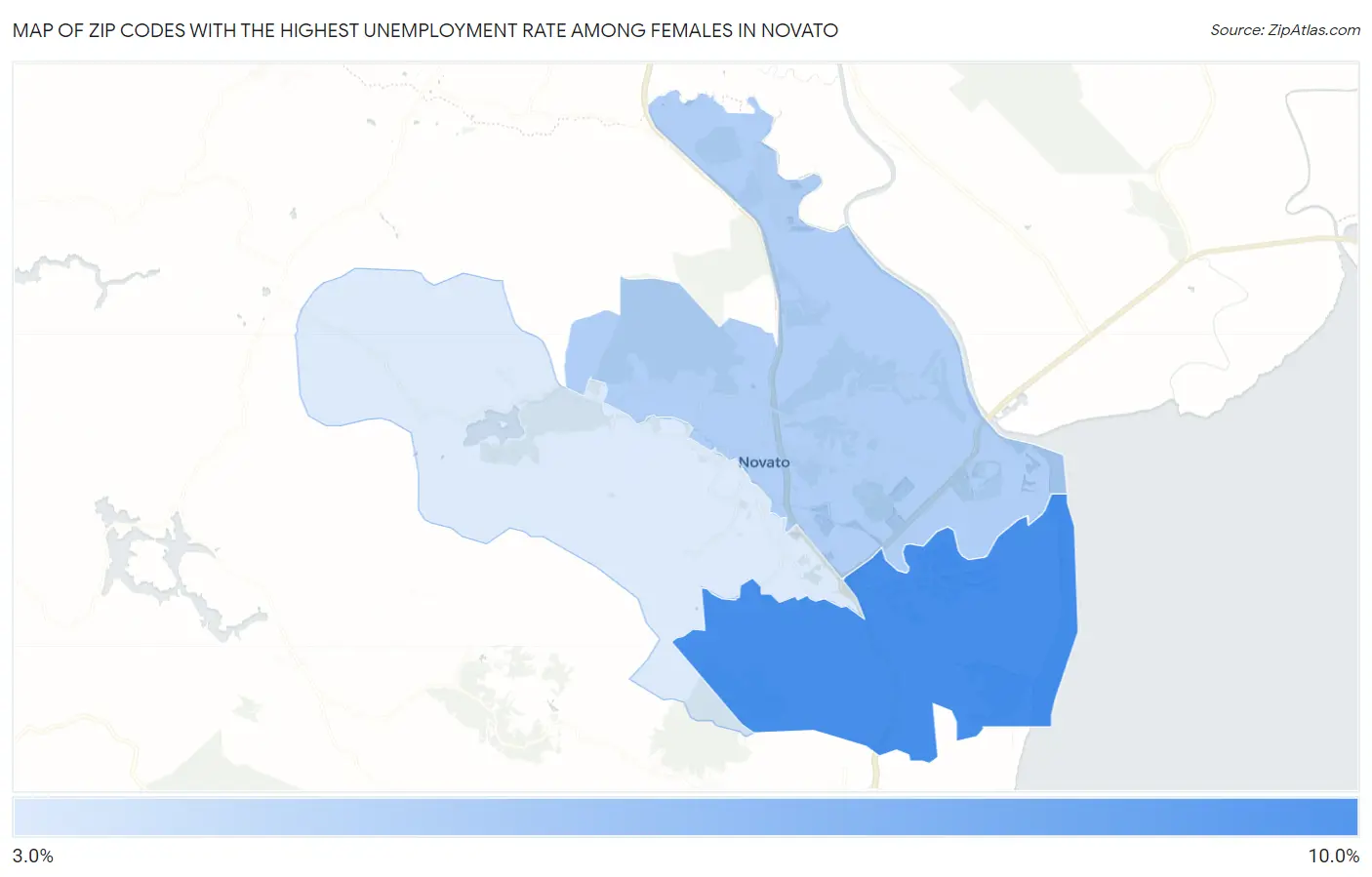 Zip Codes with the Highest Unemployment Rate Among Females in Novato Map