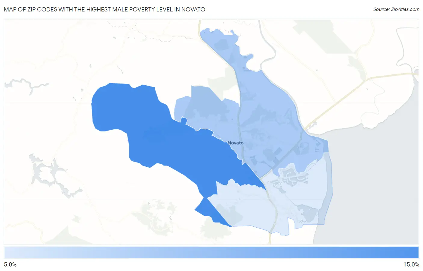 Zip Codes with the Highest Male Poverty Level in Novato Map