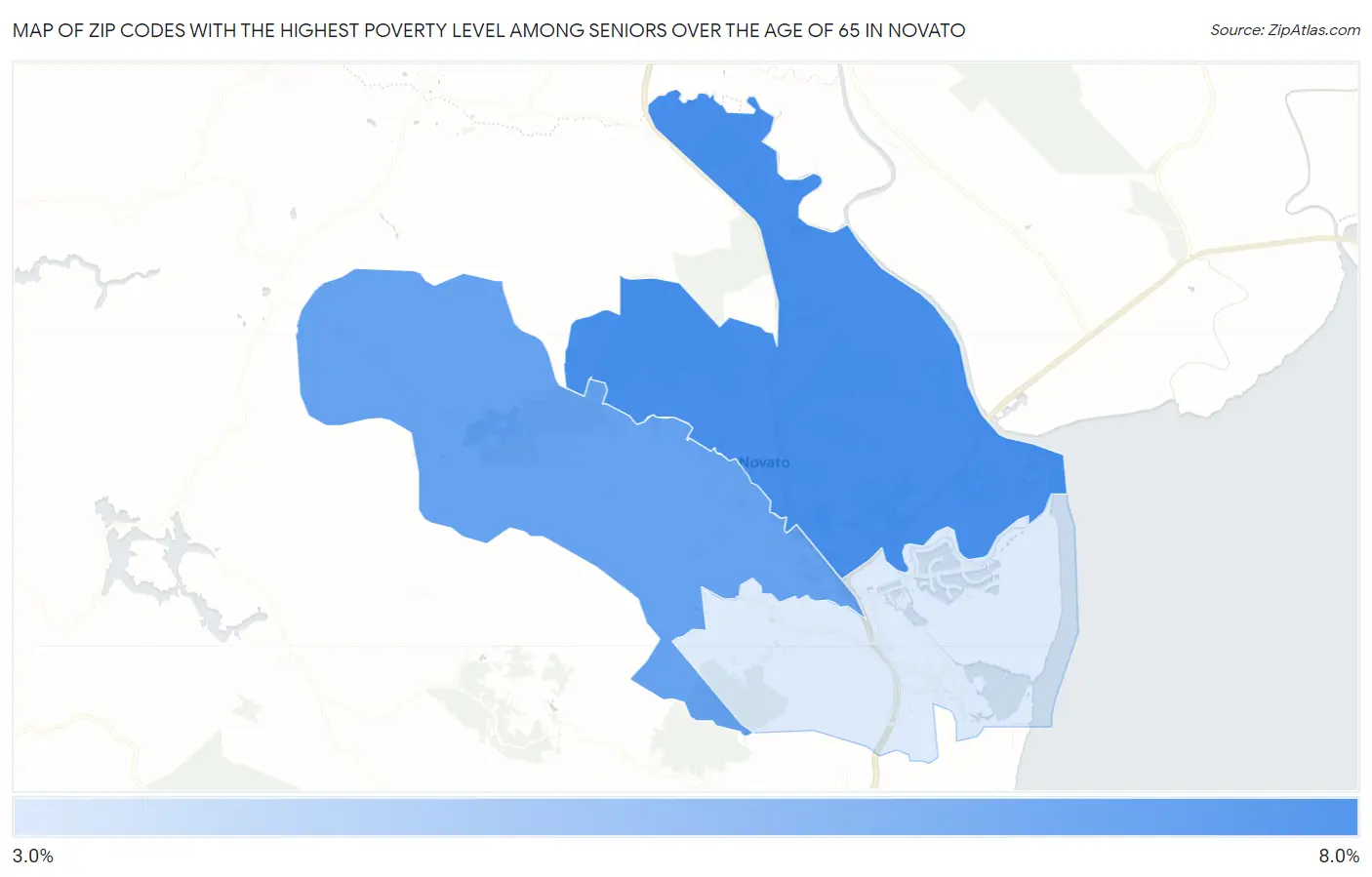 Zip Codes with the Highest Poverty Level Among Seniors Over the Age of 65 in Novato Map