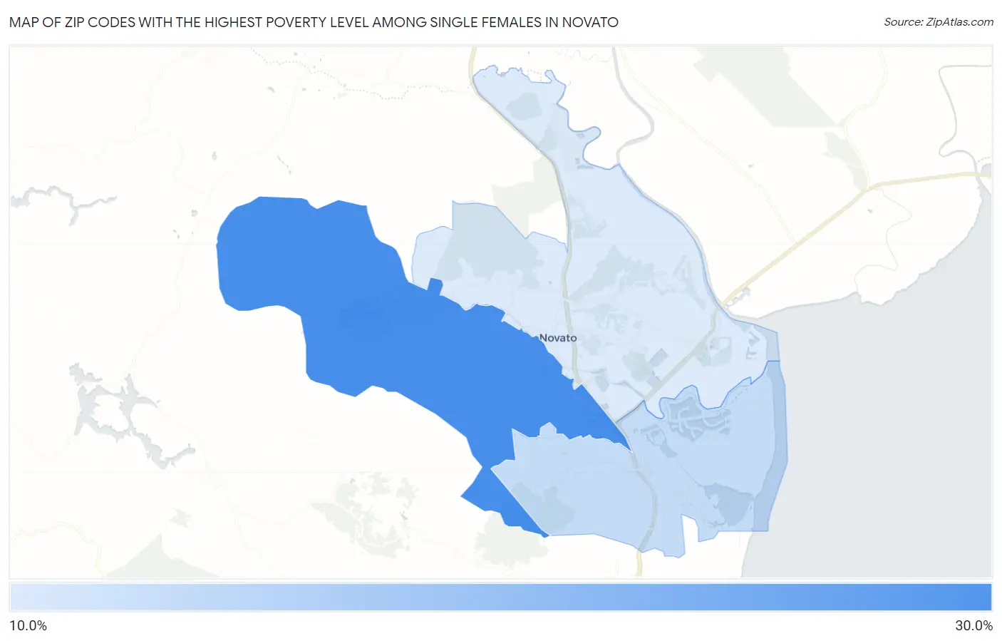 Zip Codes with the Highest Poverty Level Among Single Females in Novato Map