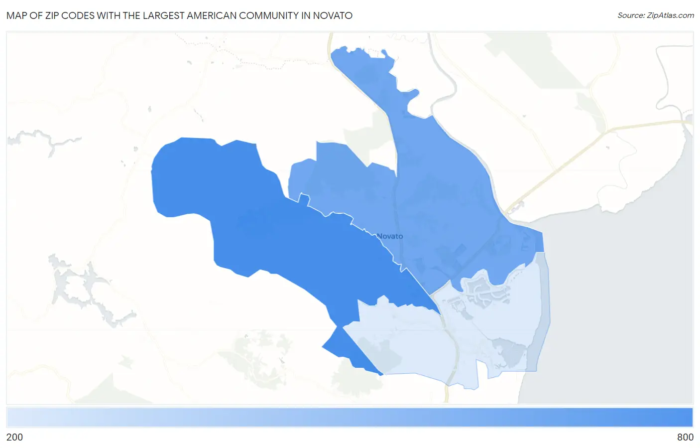 Zip Codes with the Largest American Community in Novato Map