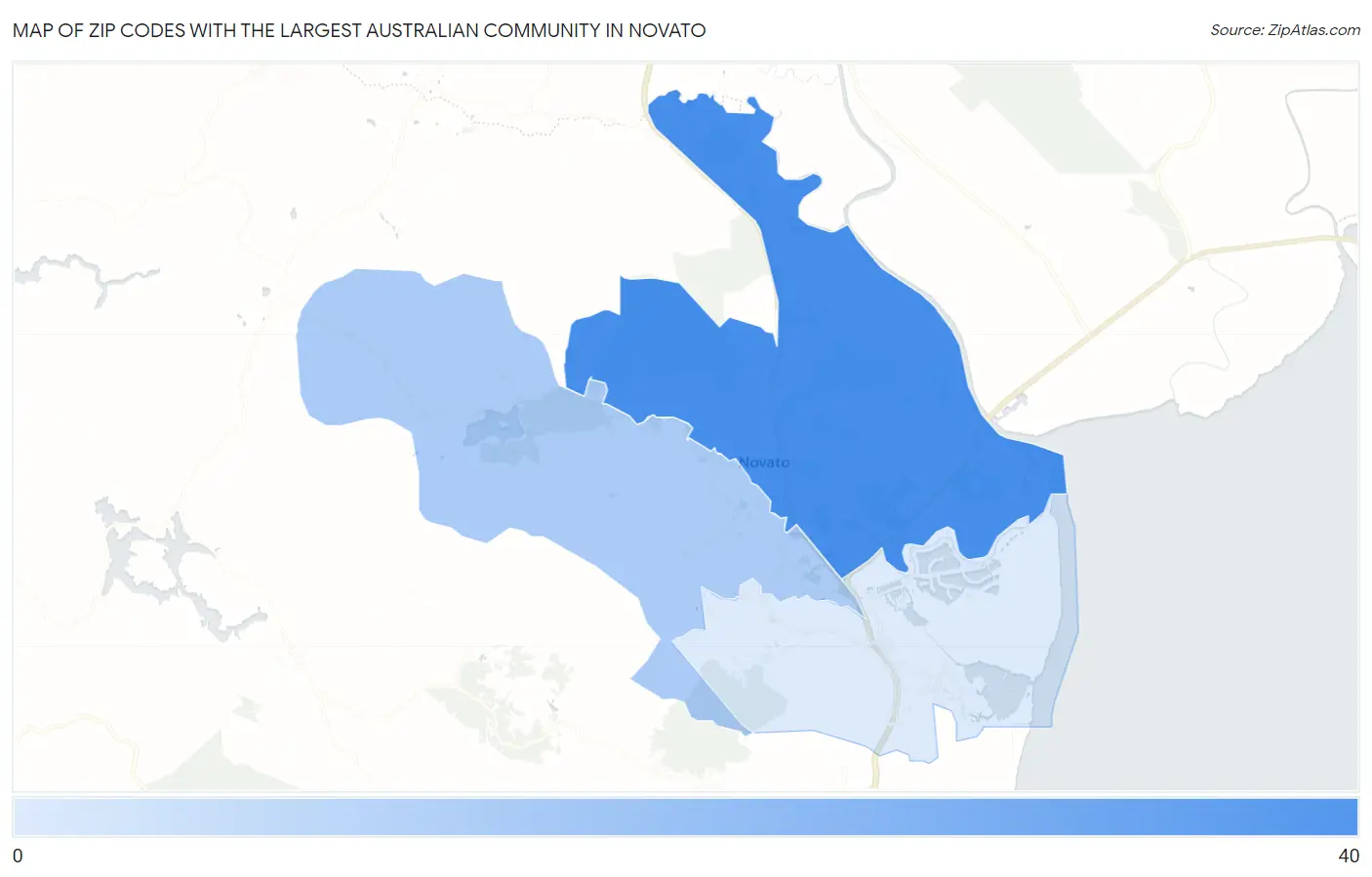 Zip Codes with the Largest Australian Community in Novato Map