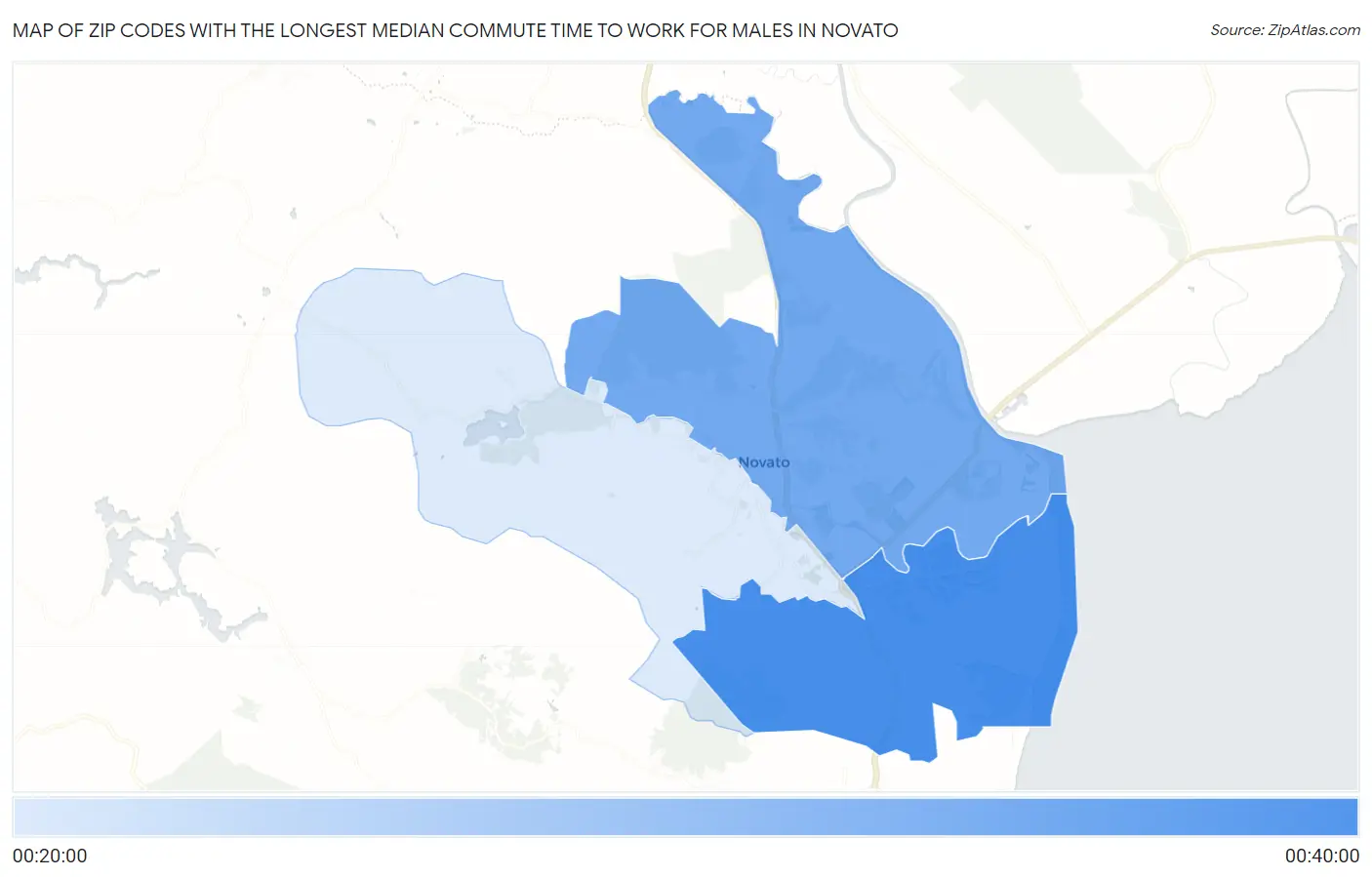 Zip Codes with the Longest Median Commute Time to Work for Males in Novato Map