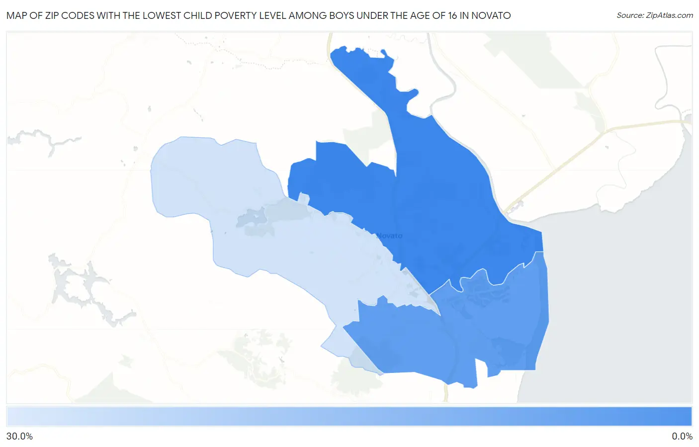 Zip Codes with the Lowest Child Poverty Level Among Boys Under the Age of 16 in Novato Map