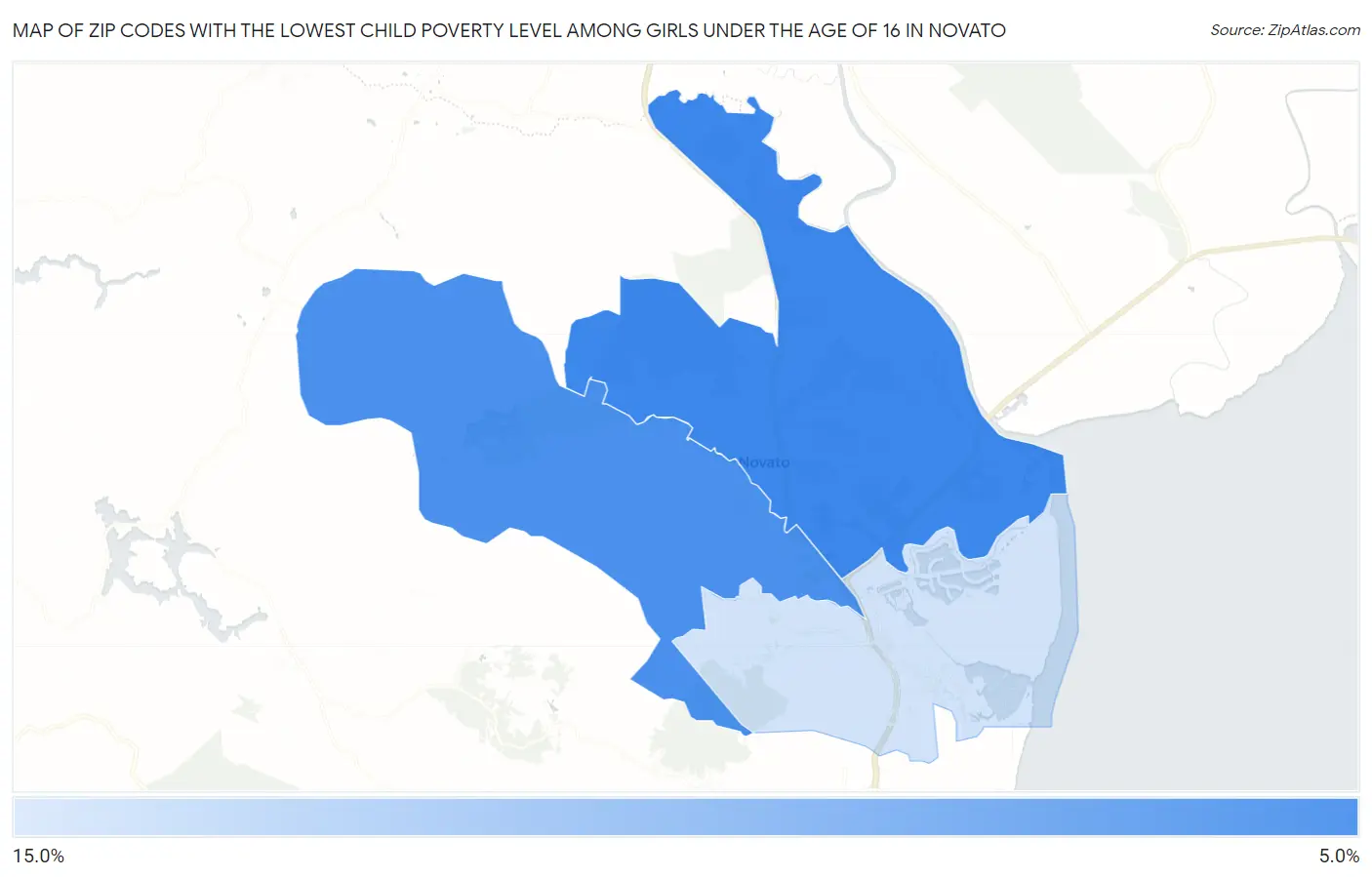 Zip Codes with the Lowest Child Poverty Level Among Girls Under the Age of 16 in Novato Map