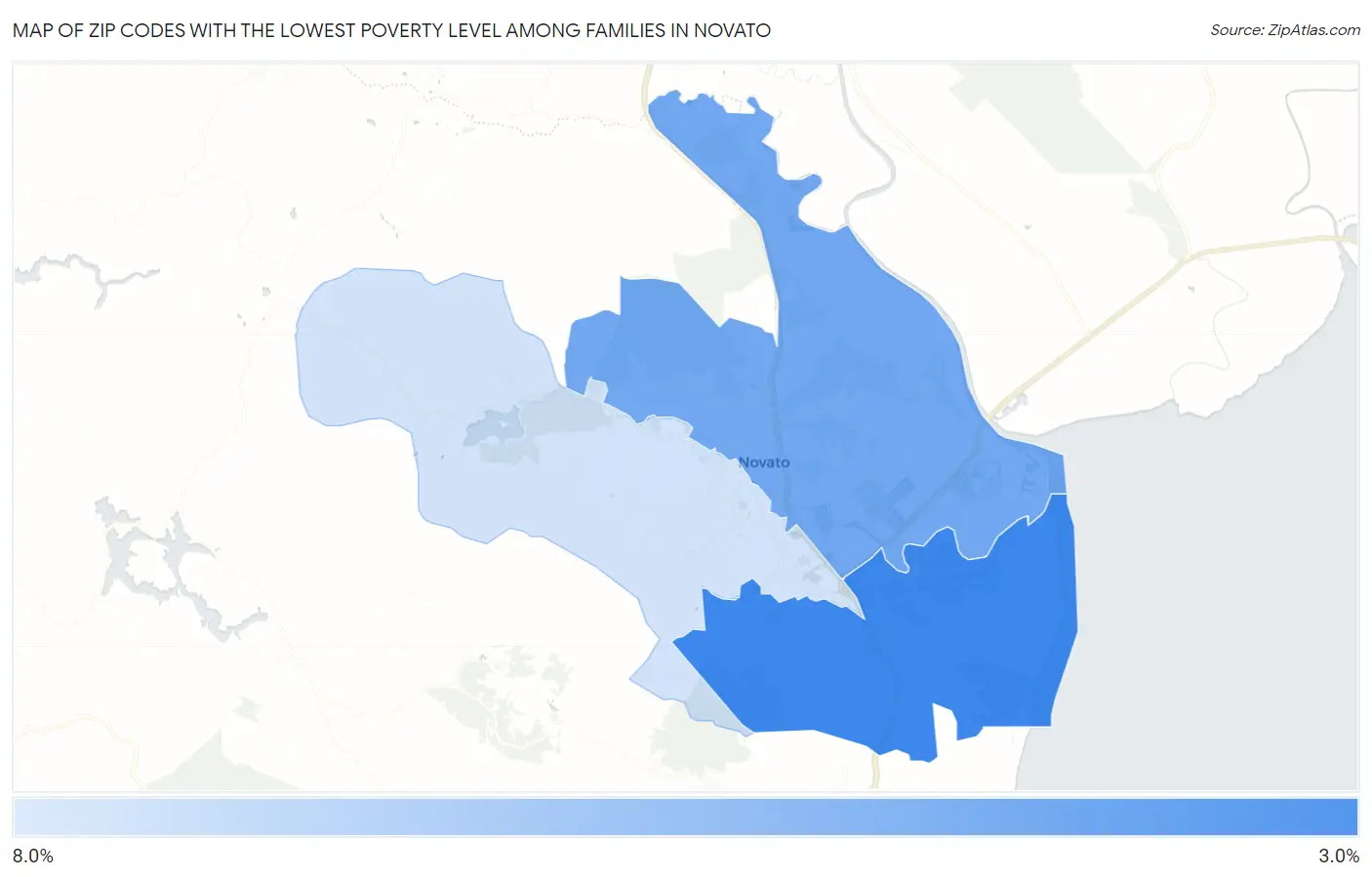 Zip Codes with the Lowest Poverty Level Among Families in Novato Map