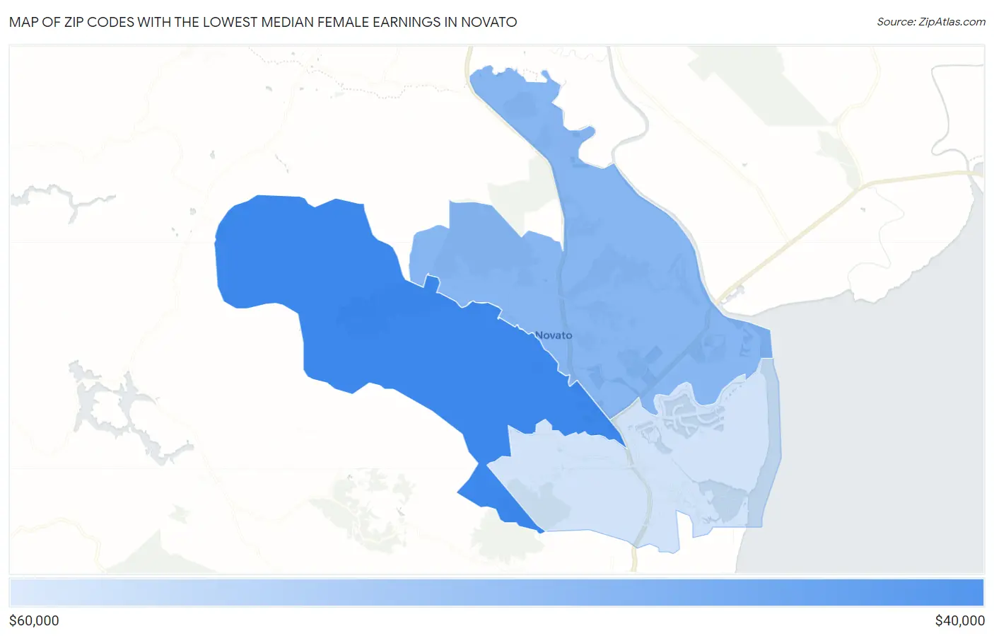 Zip Codes with the Lowest Median Female Earnings in Novato Map