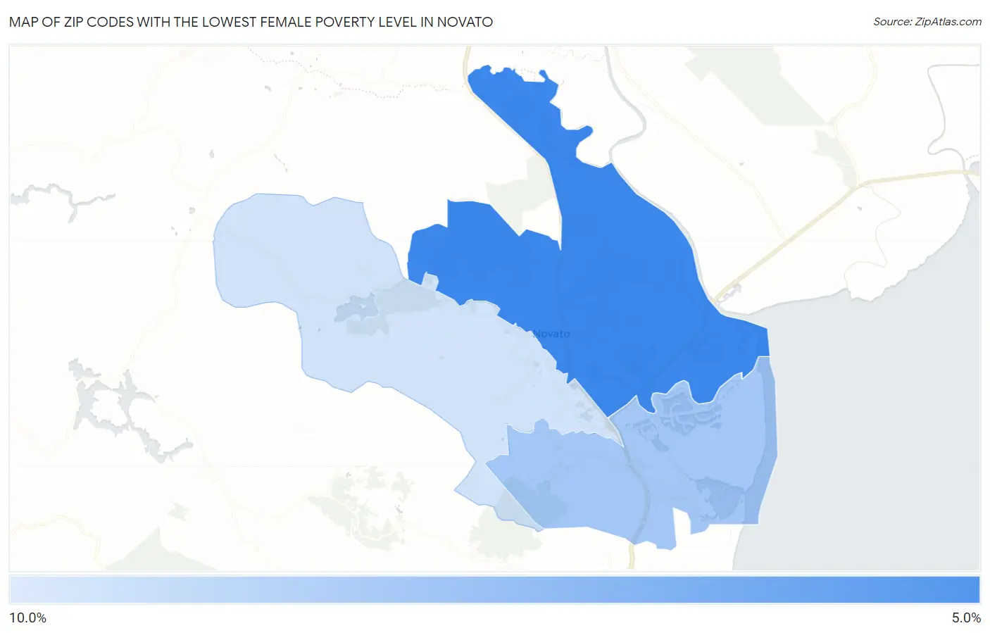 Zip Codes with the Lowest Female Poverty Level in Novato Map